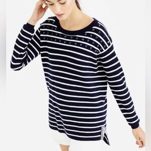 J Crew Merino Wool Navy and White Striped Sweater with Beads